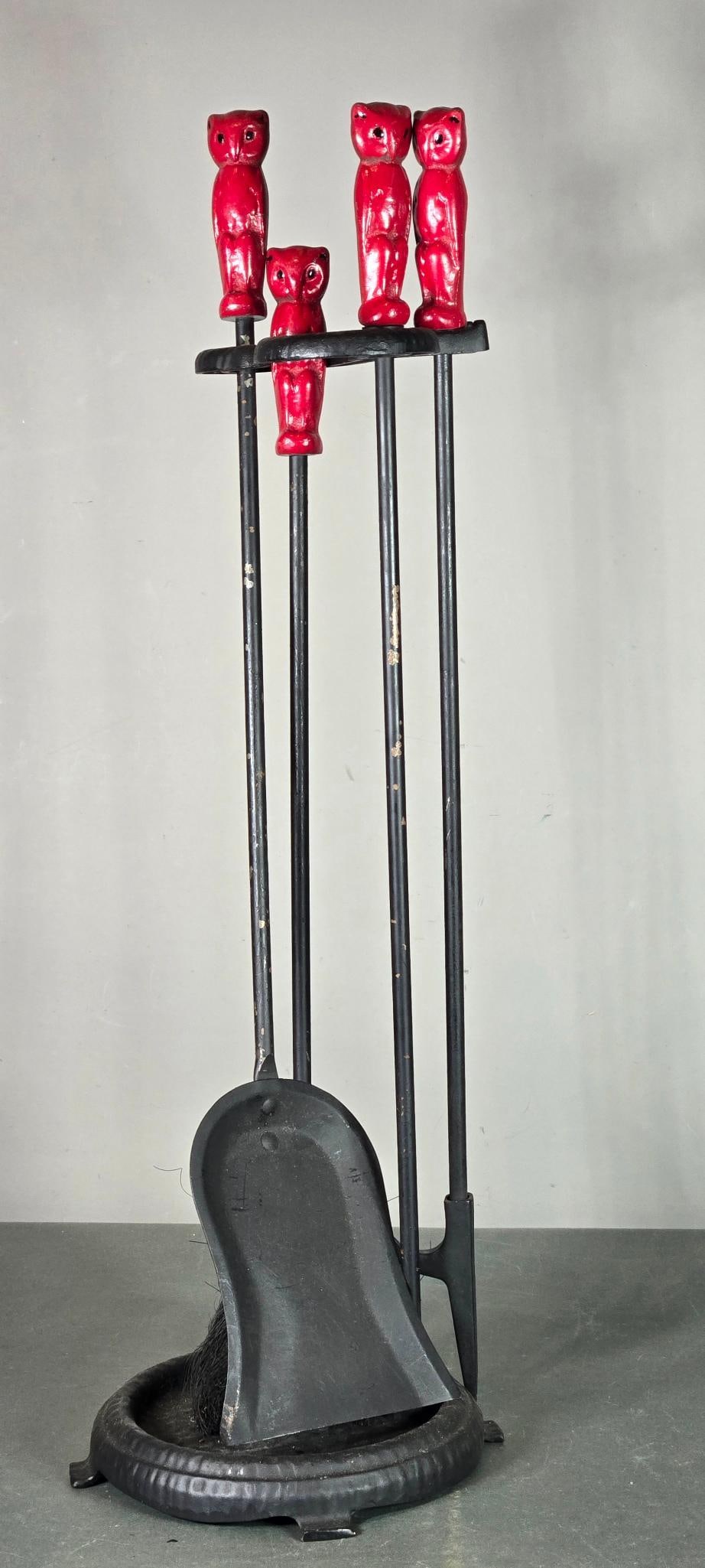 Unusual Solid Metal Mid Century Modern Fireplace Tools Set - Owls (1 of 6)