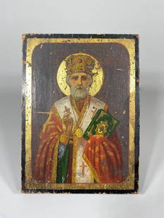 Antique Painted Religious Icon on Wood: 8" x 6". In-house shipping available. Pickup is Friday, May 23 from Noon to 6 pm at the home in Chesapeake, Ohio 45619 or we will provide in-house shipping for this item. We will charge $5 to bring