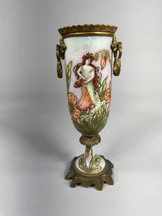 Antique French Enamel Porcelain Vase w/Brass Trim: In-house shipping available. Pickup is Friday, May 23 from Noon to 6 pm at the home in Chesapeake, Ohio 45619 or we will provide in-house shipping for this item. We will charge $5 to bring this lot