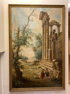 Antique Oil on Canvas Painting in Manner of Giovanni Panini Capriccio Scene: 54" x 82" Frame Size. 19th century. Some in painting, small areas of loss. In-house shipping available. Pickup is Friday, May 23 from Noon to 6 pm at the home in Chesapeake, Ohio 45619 or we will