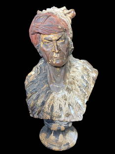 Antique Plaster Bust Sculpture Native American Man Warrior: 27.5" high. In-house shipping available. Pickup is Friday, May 23 from Noon to 6 pm at the home in Chesapeake, Ohio 45619 or we will provide in-house shipping for this item. We will charge $25 to
