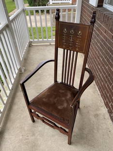 Antique Art Nouveau Style Arm Chair Inlaid English: 24" wide x 47" high. In-house shipping available. Pickup is Friday, May 23 from Noon to 6 pm at the home in Chesapeake, Ohio 45619 or we will provide in-house shipping for this item. We will charge
