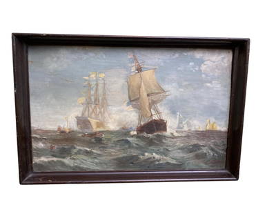 19th Century Oil on Boarding Painting US Ships at Sea Signed