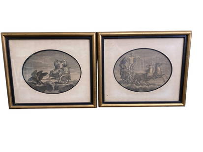 Pair of Engravings by Carlo Lasinio ca. 1700, Jupiter and Mars After Raphael: Cut Down to fit oval frame, however title block attached to back. Each 22 x 17" framed size. In-house shipping available. Pickup is Friday, May 23 from Noon to 6 pm at the home in Chesapeake, Ohio