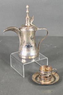 Antique Sterling Silver Aviation Themed Arab Niello Coffee Pot, Cup and Saucer: Possibly airline related. 468 grams. In-house shipping available. Pickup is Friday, May 23 from Noon to 6 pm at the home in Chesapeake, Ohio 45619 or we will provide in-house shipping for this item.