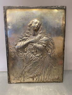Antique Bas Relief Ghiberti Style Wall Plaque of Virgin Mary Silvered Metal Early: 20 3/8 x 15 3/8. Silver plated. Non magnetic. Weight is 5 lb 13 oz or 2.63 kg. Family history states this was brought back from a European war in the early 20th c. In-house shipping available. Pickup