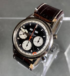 Rare Wakmann Triple Date Chronograph Watch Orange Second, Calendar: 38 mm case. Runs. Functions all work. In-house shipping available. Pickup is Friday, May 23 from Noon to 6 pm at the home in Chesapeake, Ohio 45619 or we will provide in-house shipping for this item.