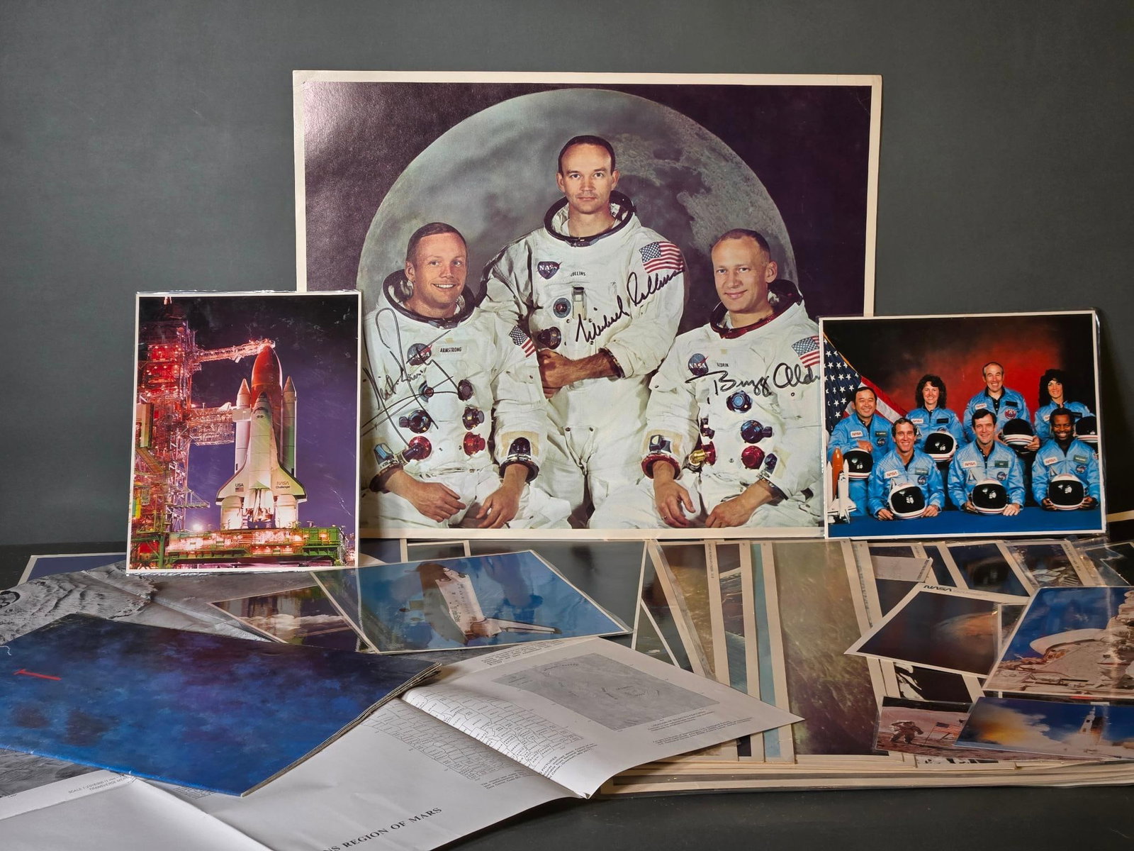 Vintage NASA Apollo 11 Photograph Printed Signatures and Space Shuttle Columbia Photos & More: In-house shipping available. Pickup is Thursday, May 29 from from 1 pm to 7 pm at our gallery in Lancaster, OH 43130 or we will provide in-house shipping for this item. We charge a $5/lot fee if you p