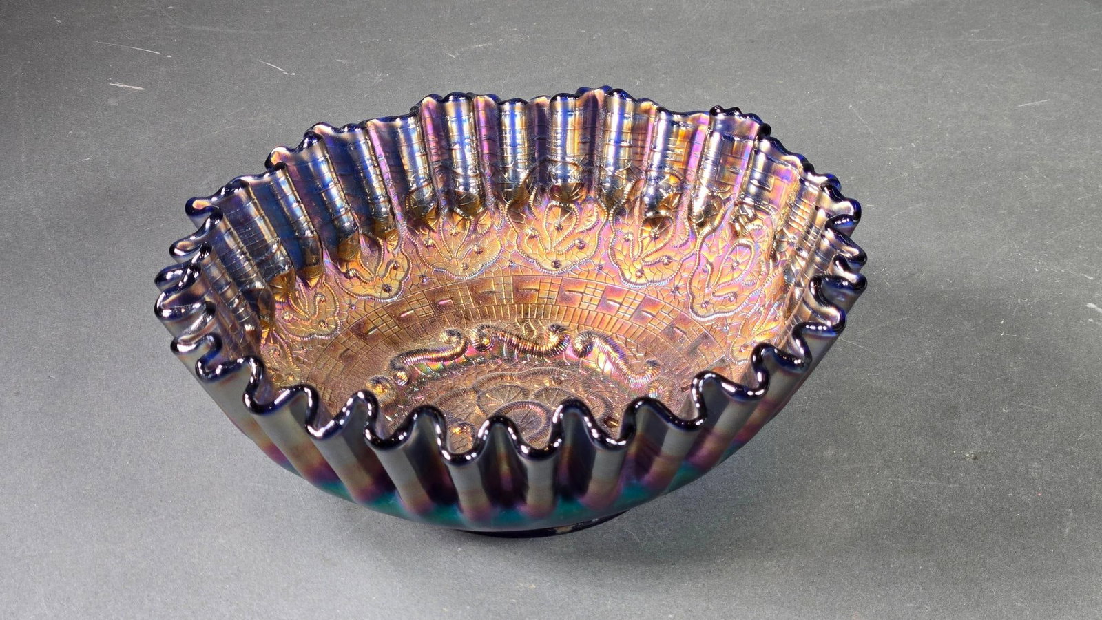 Antique Fenton Persian Medallion Bowl: In-house shipping available. Pickup is Thursday, May 29 from from 1 pm to 7 pm at our gallery in Lancaster, OH 43130 or we will provide in-house shipping for this item. We charge a $5/lot fee if you p