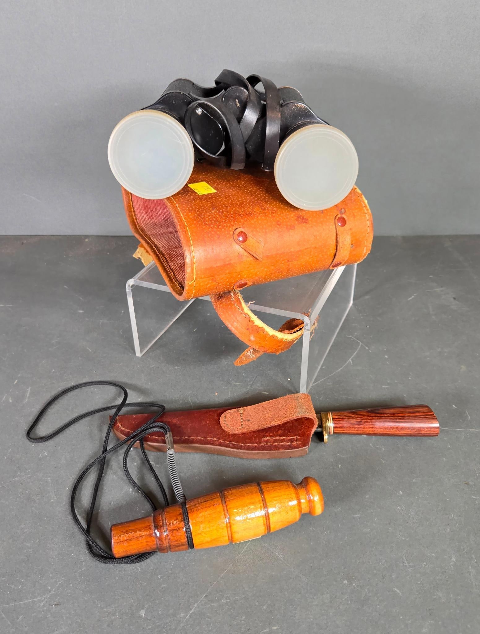 Vintage Remington Binoculars with Leather Case, Wood Duck Call & Blackjack Knife with Sheath: In-house shipping available. Pickup is Thursday, May 29 from from 1 pm to 7 pm at our gallery in Lancaster, OH 43130 or we will provide in-house shipping for this item. We charge a $5/lot fee if you p