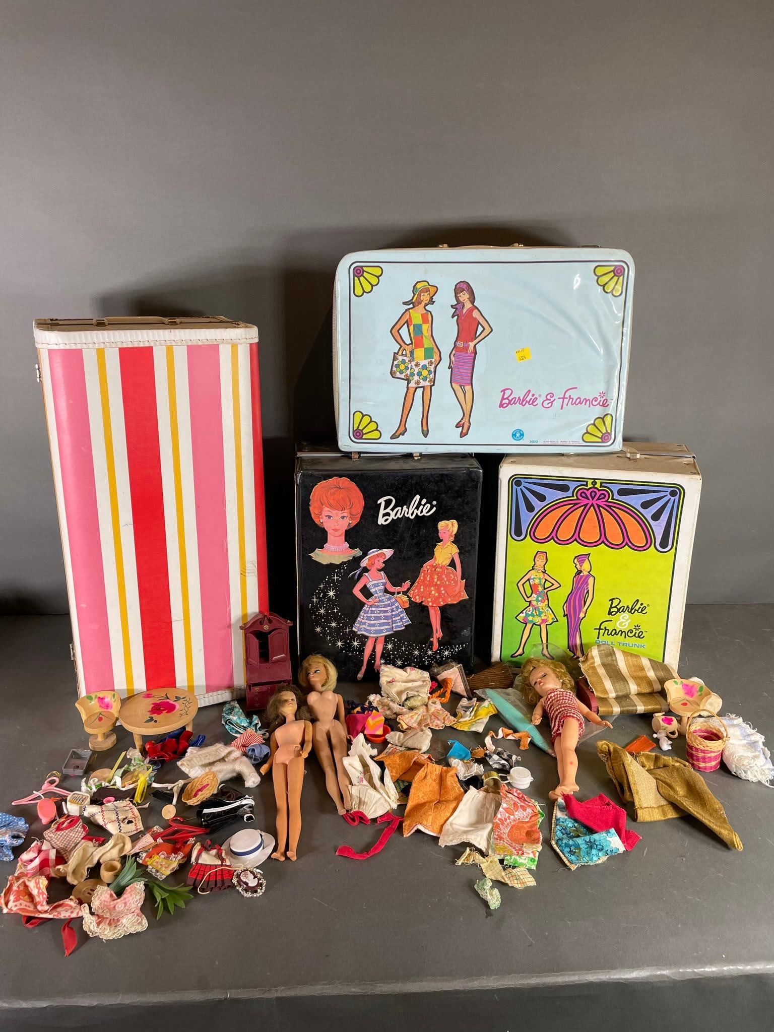 Group of Vintage Barbie Doll Cases, Barbie Dolls and Barbie Doll Clothing & More: In-house shipping available. Pickup is Thursday, May 29 from from 1 pm to 7 pm at our gallery in Lancaster, OH 43130 or we will provide in-house shipping for this item. We charge a $5/lot fee if you p
