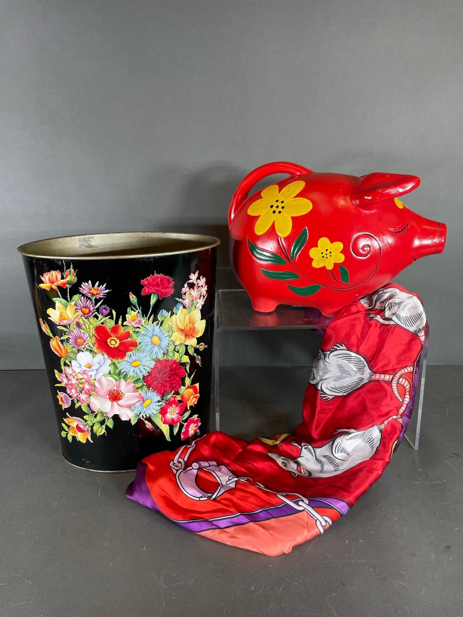 Vintage Piggy Bank, WasteBasket and Sea of Doom Silk Scarf: In-house shipping available. Pickup is Thursday, May 29 from from 1 pm to 7 pm at our gallery in Lancaster, OH 43130 or we will provide in-house shipping for this item. We charge a $5/lot fee if you p