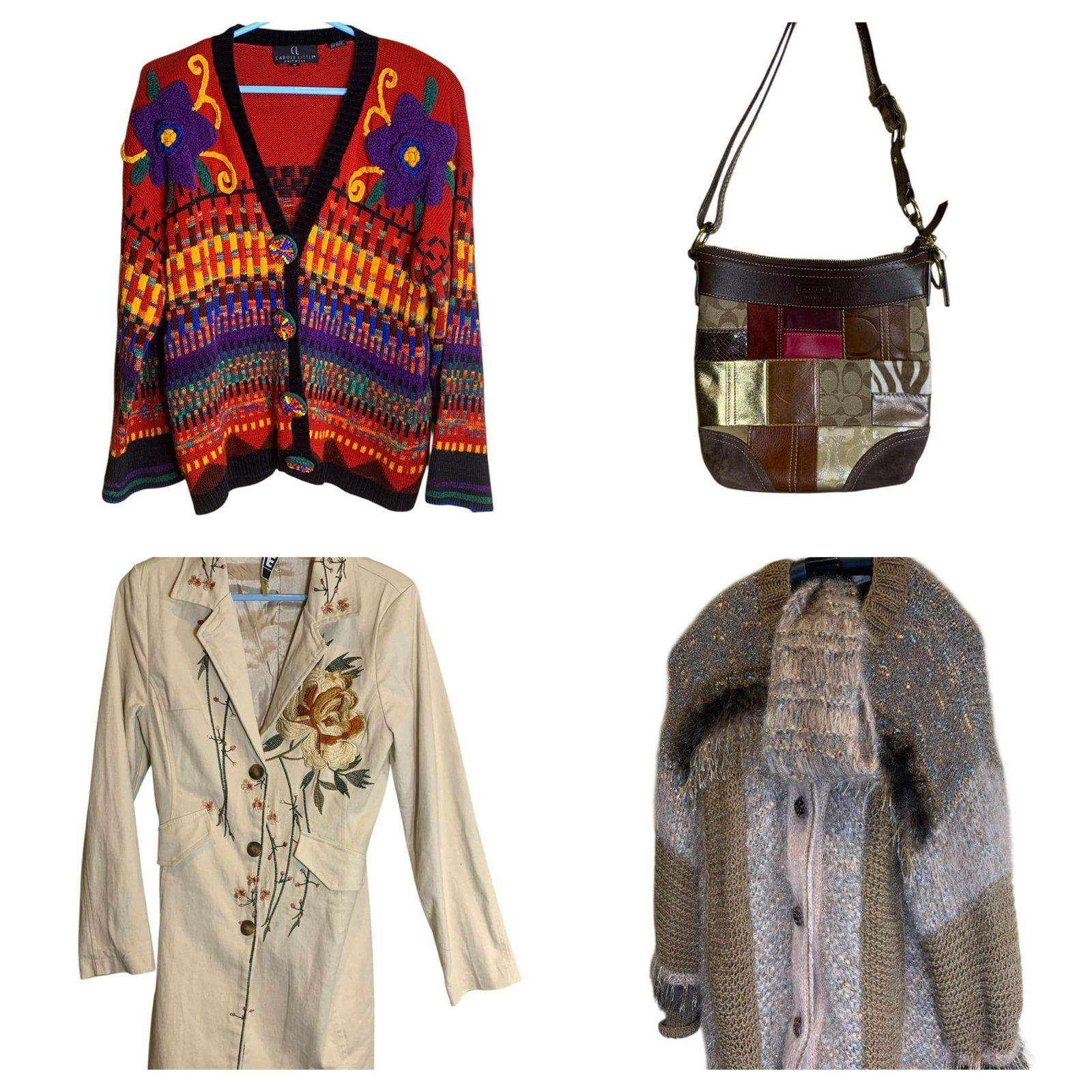 Vintage Coach Purse, Carol Little Knitted Sweater, WE! Embroidered Jacket: AB192