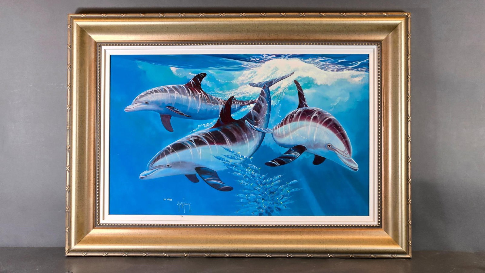 Vintage Framed Guy Harvey Print Nosin' Around: In-house shipping available. Pickup is Thursday, May 29 from from 1 pm to 7 pm at our gallery in Lancaster, OH 43130 or we will provide in-house shipping for this item. We charge a $5/lot fee if you p