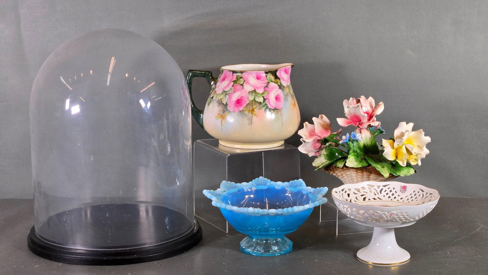 Vintage Capodimonte Flowers, Flower Pitcher, Dome Glass Display, Blue Mosser Glass Dish, More: In-house shipping available. Pickup is Thursday, May 29 from from 1 pm to 7 pm at our gallery in Lancaster, OH 43130 or we will provide in-house shipping for this item. We charge a $5/lot fee if you p