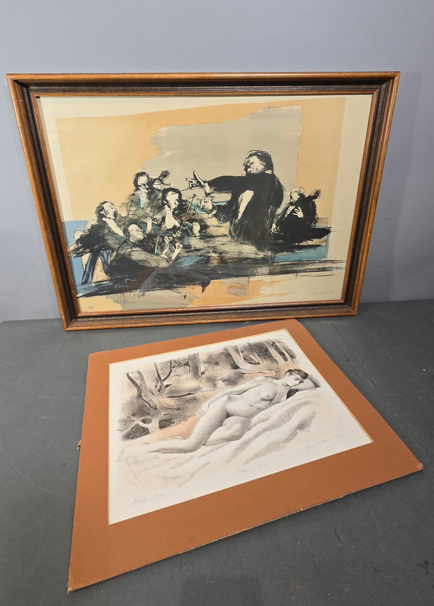 1969 August Mosca Artist Proof Nude and Vintage Signed Orchestra Artist Proof Print: In-house shipping available. Pickup is Thursday, May 29 from from 1 pm to 7 pm at our gallery in Lancaster, OH 43130 or we will provide in-house shipping for this item. We charge a $5/lot fee if you p