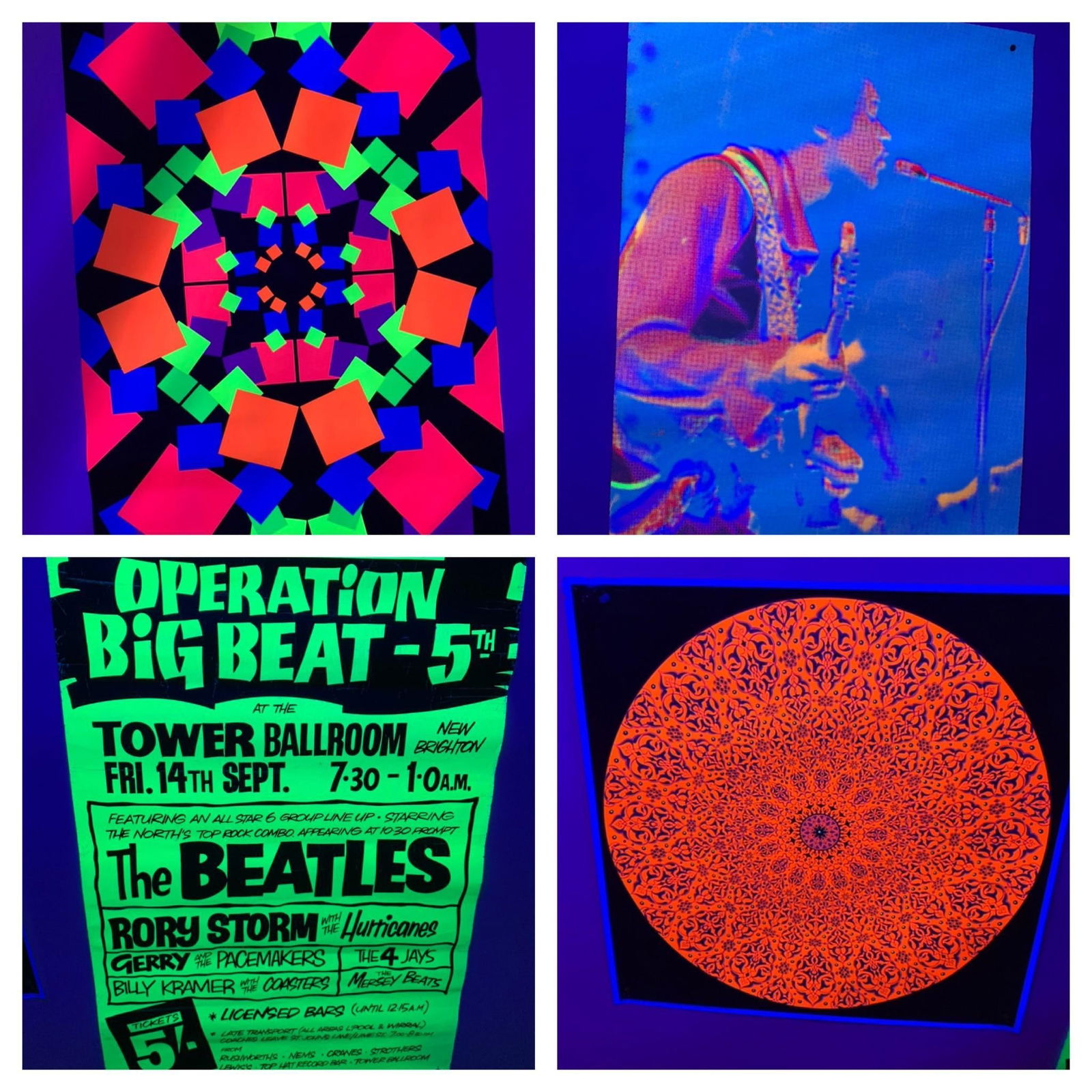 Group of Four Retro Posters Including Beatles Concert, Jimi Hendrix and Some Blacklight: Hendrix poster is 23-1/2" x 33-1/2". Beatles Poster is 20-1/2" x 30". Multicolor Poster is 24" x 34" and Orange Round Subject Poster is 23" x 23-1/2". Some damage to posters see photos. In-house shipp