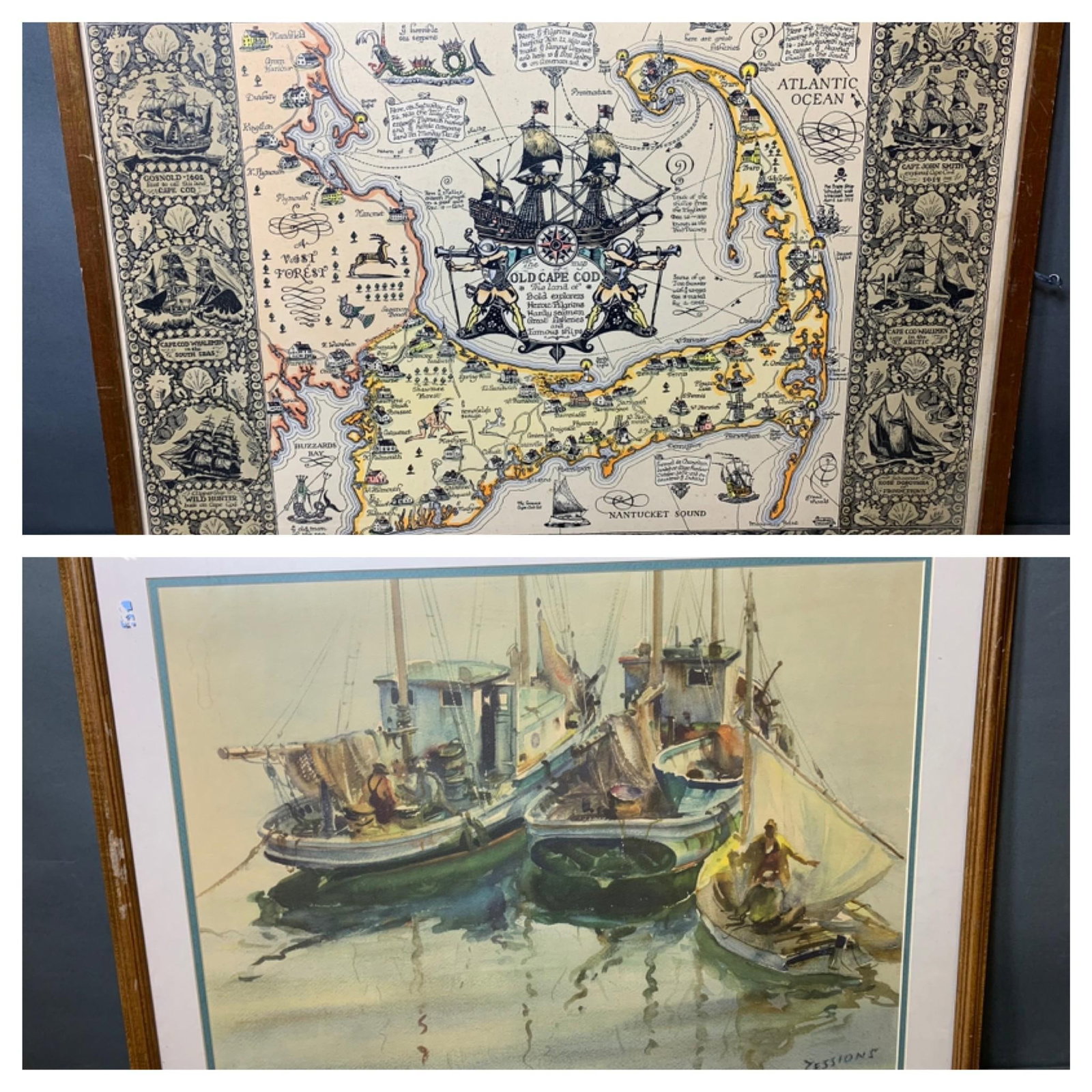 Vintage Framed Print of Cape Cod Map and Framed Print of Boats Scene: In-house shipping available. Pickup is Thursday, May 29 from from 1 pm to 7 pm at our gallery in Lancaster, OH 43130 or we will provide in-house shipping for this item. We charge a $5/lot fee if you p