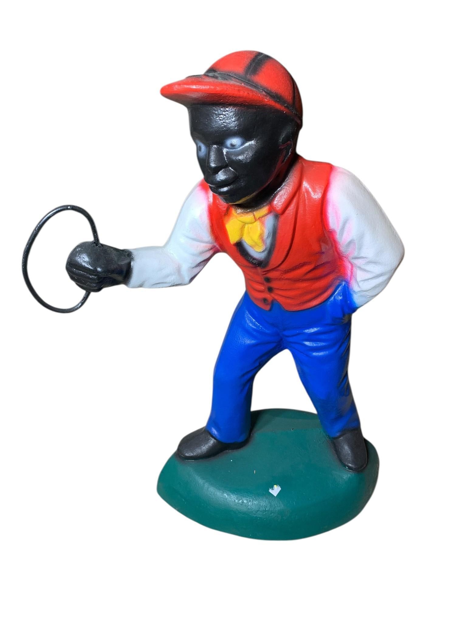 Vintage Concrete Lawn Jockey: 25" tall. Regular USPS/UPS/Fedex shipping not available. Pickup is Thursday, May 29 from 1 pm to 7 pm at our offices in Lancaster, OH 43130. We charge a $10/lot fee if you pick up this lot on an alter