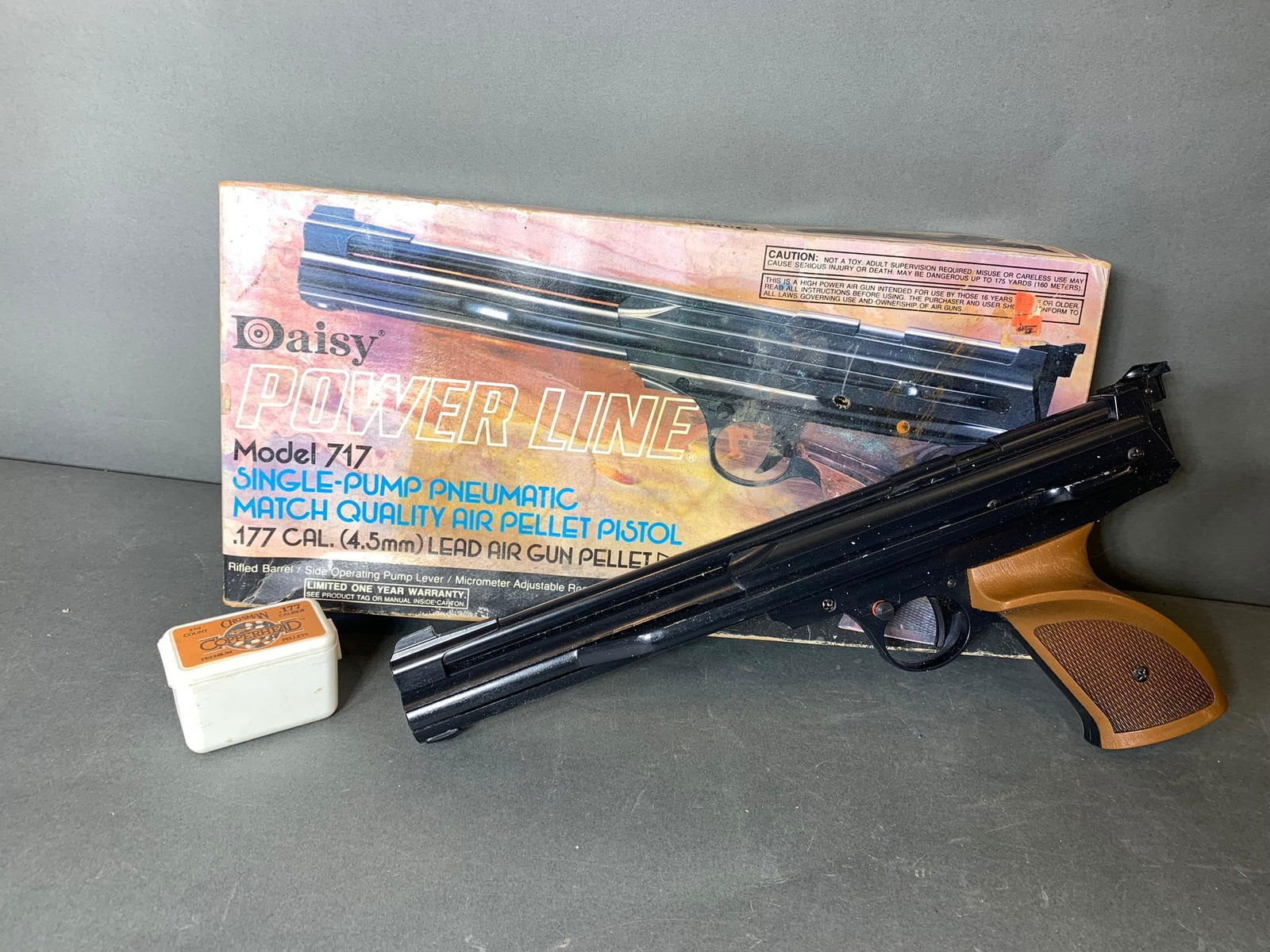 Daisy Powerline Air Gun in box: In-house shipping available. Pickup is Thursday, May 29 from from 1 pm to 7 pm at our gallery in Lancaster, OH 43130 or we will provide in-house shipping for this item. We charge a $5/lot fee if you p