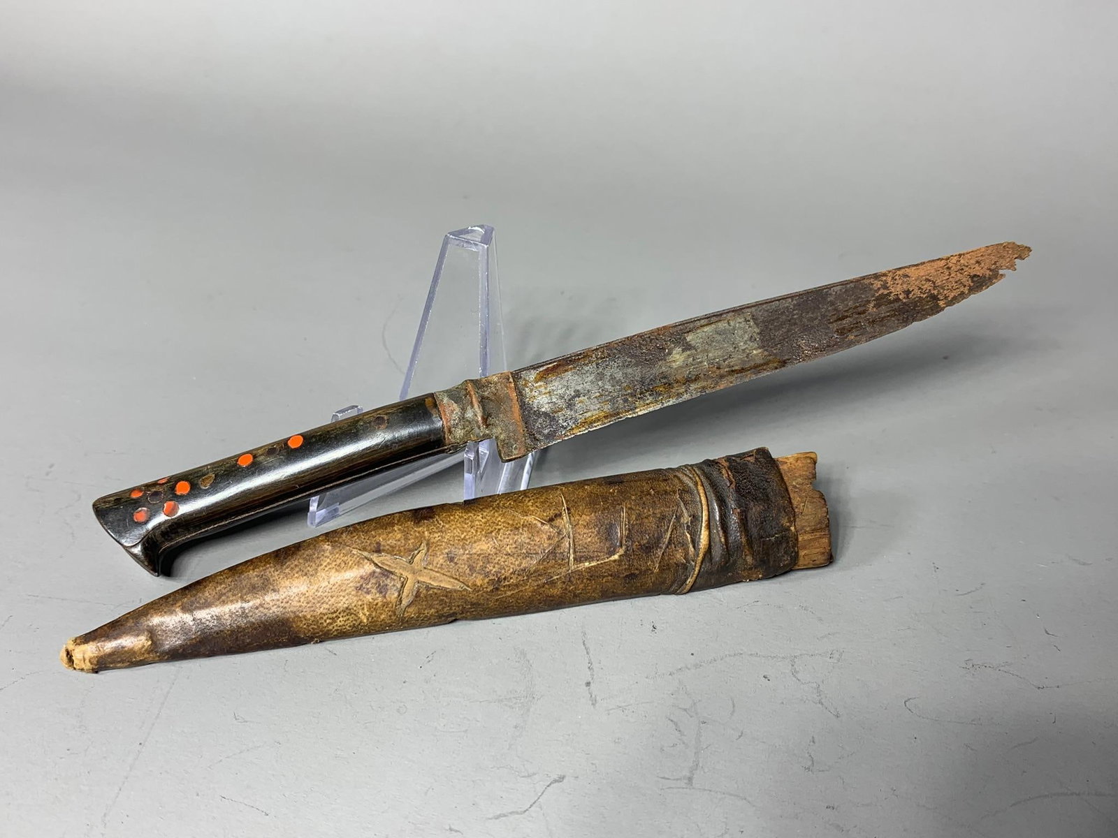 Unusual Antique Sheath Knife w/Scabbard African: In-house shipping available. Pickup is Thursday, May 29 from from 1 pm to 7 pm at our gallery in Lancaster, OH 43130 or we will provide in-house shipping for this item. We charge a $5/lot fee if you p