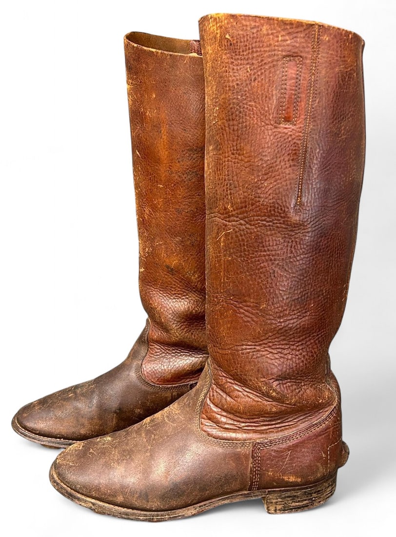 WWII Japanese Army Officer Boots Size 10.7: World War Two Imperial Japanese Army officer brown leather boots with a spur stop affixed to the back of each boot directly above the leather stacked heel. Size 10.7 is stamped into the upper shaft. M