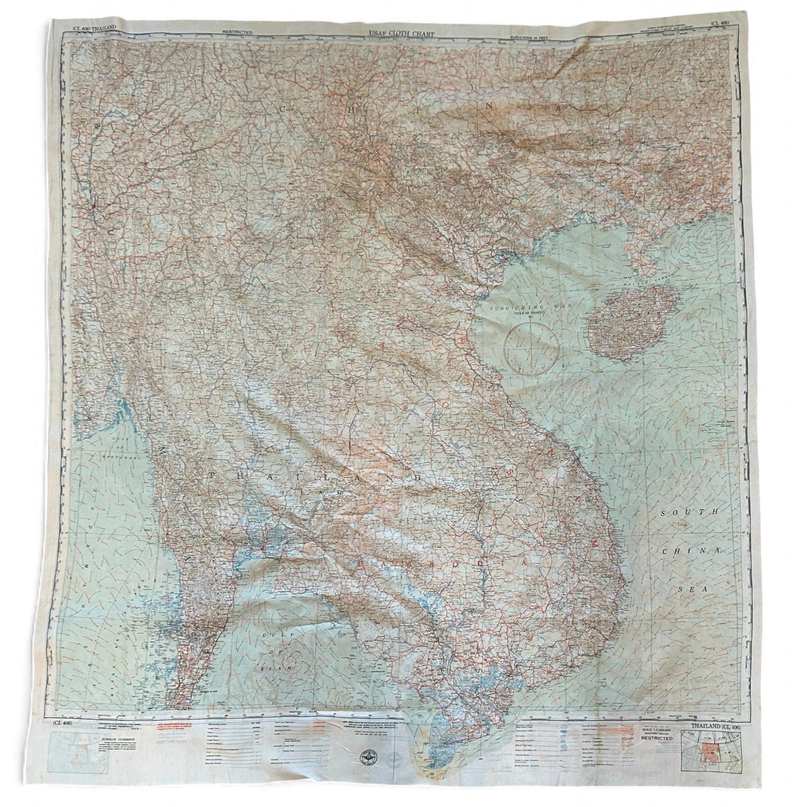 Korean War 1951 United States Air Force USAF Escape & Evasion Silk Map Philippines Thailand Taiwan: Korean War era restricted 1951 USAF escape and evasion silk map that features the Northern Philippine Islands on one side and Thailand on the other. Map measures 36.75" x 39.75". No tears or holes. Mi