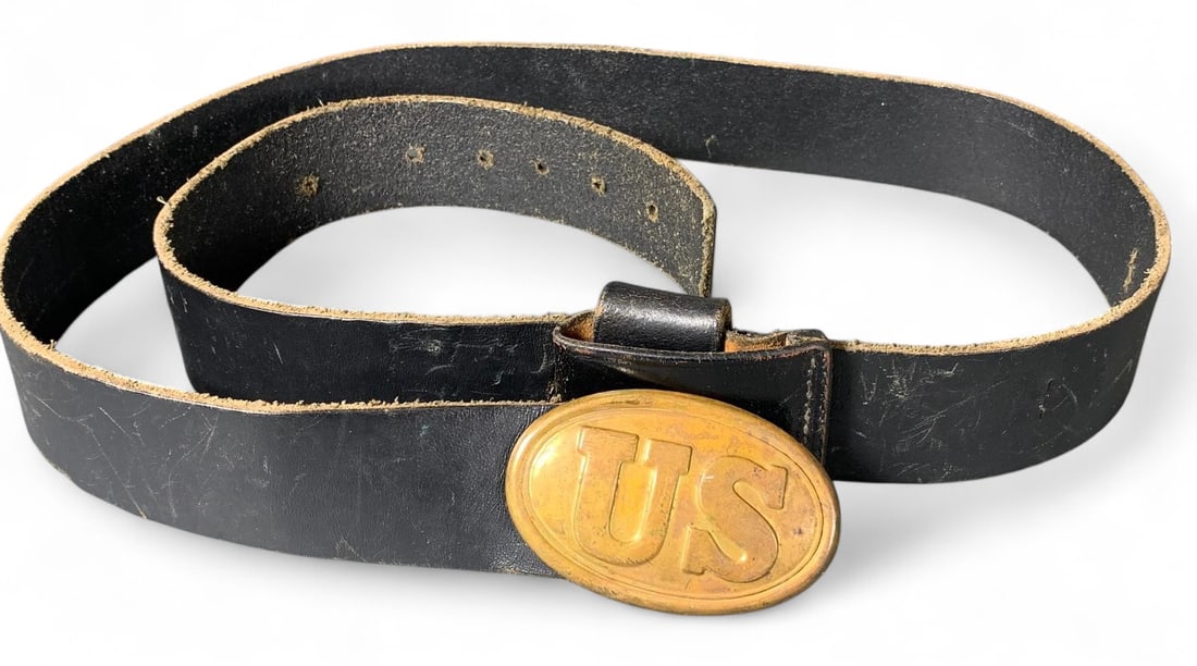 Civil War Reenactor Belt and US Buckle: Belt is 53" long. Burns in-house (bidder arranged option on checkout) shipping available. Pickup is Thursday, June 26 from from 11 am to 7 pm at our gallery in Lancaster, OH 43130 or we will provide i