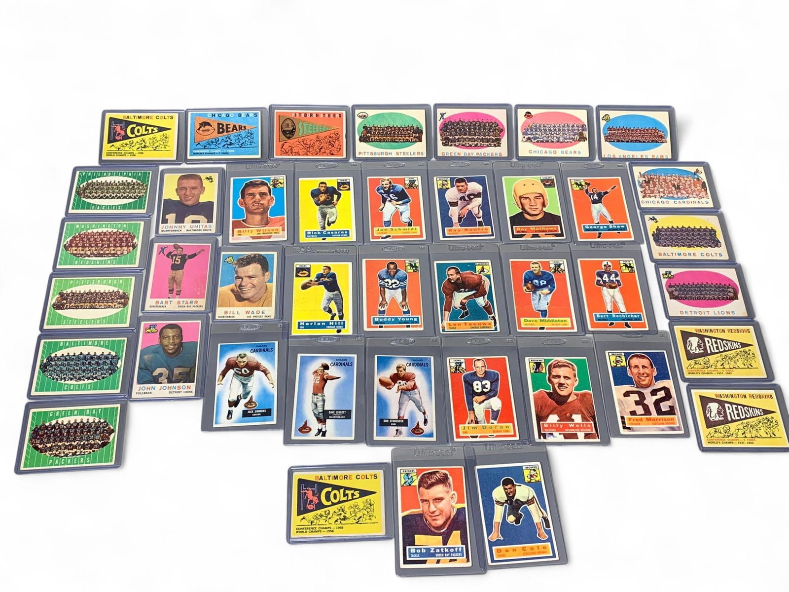 1950's Football Lot- 41 cards- VG/Excellent- HOFers Starr and Unitas Included: Burns in-house (bidder arranged option on checkout) shipping available. Pickup is Thursday, June 26 from from 11 am to 7 pm at our gallery in Lancaster, OH 43130 or we will provide in-house shipping f