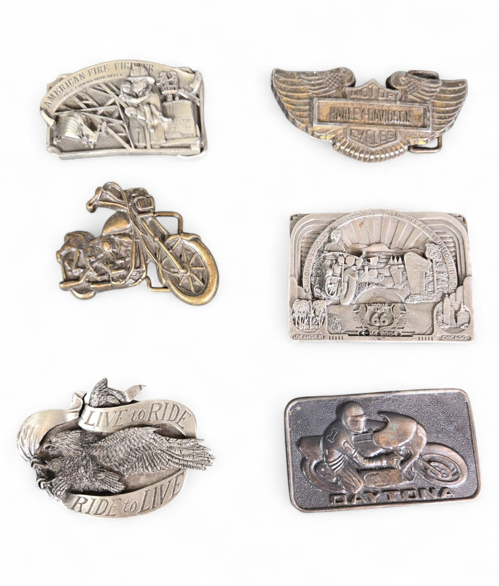 Vintage Harley Davidson and Other Motorcycle Related Belt Buckles: And a firefighter belt buckle. Burns in-house (bidder arranged option on checkout) shipping available. Pickup is Thursday, June 26 from from 11 am to 7 pm at our gallery in Lancaster, OH 43130 or we w