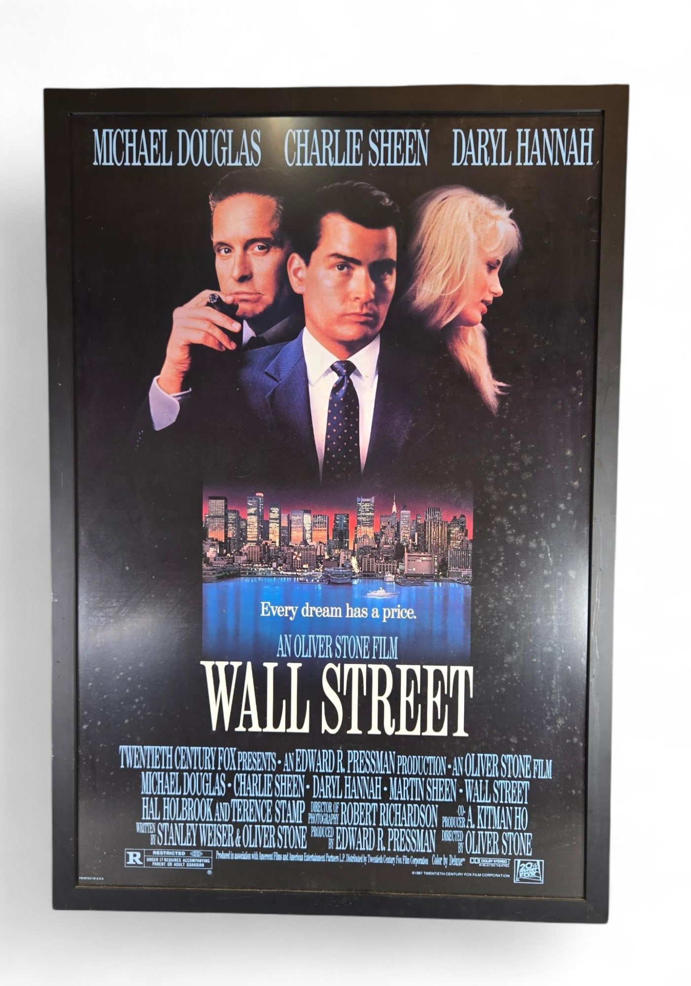 Vintage Framed Wall Street Movie Poster: Burns in-house (bidder arranged option on checkout) shipping available. Pickup is Thursday, June 26 from from 11 am to 7 pm at our gallery in Lancaster, OH 43130 or we will provide in-house shipping f
