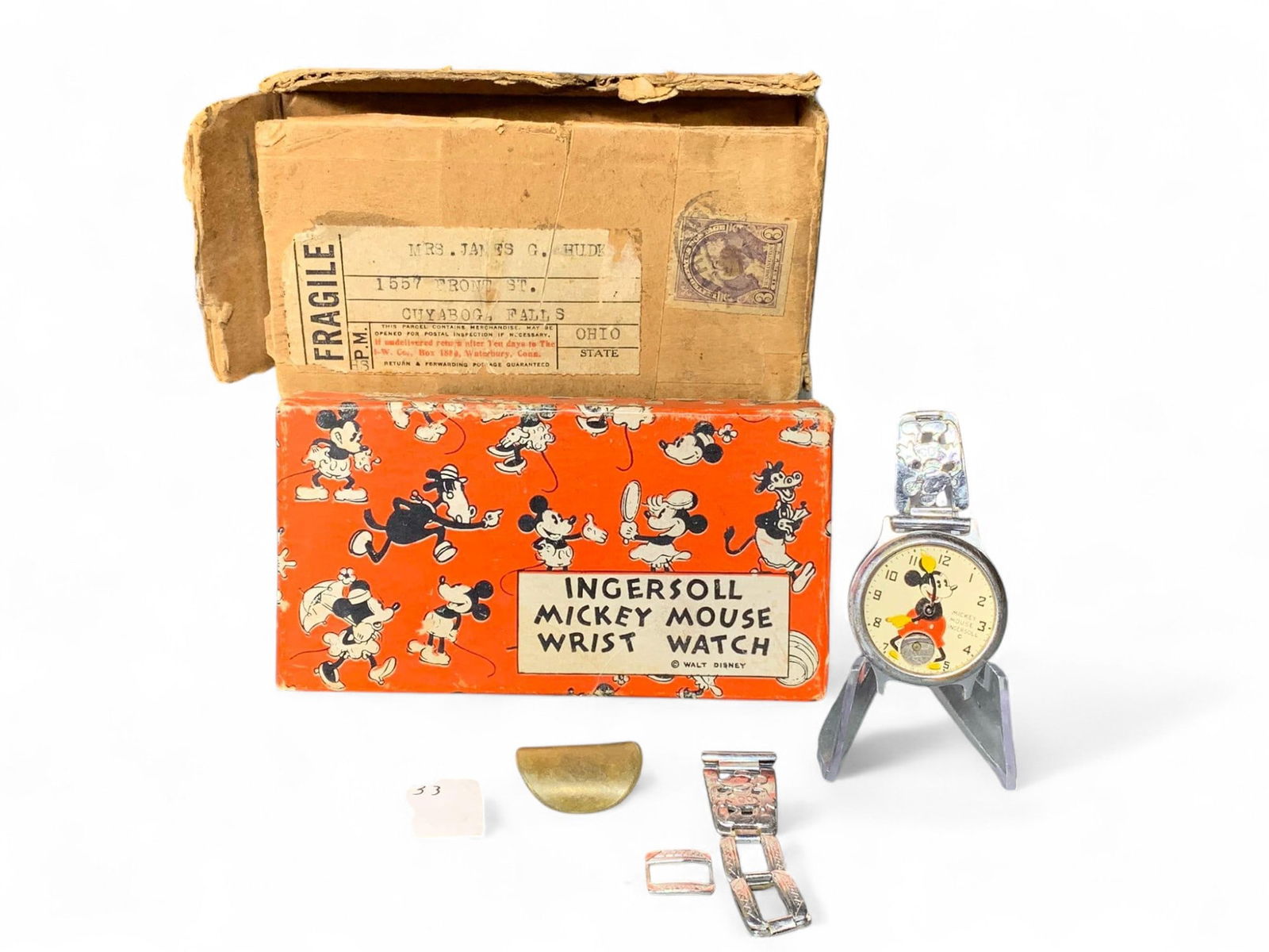 Vintage 1933 Ingersoll Mickey Mouse Wrist Watch With Original Box & Shipping Box: Burns in-house (bidder arranged option on checkout) shipping available. Pickup is Thursday, June 26 from from 11 am to 7 pm at our gallery in Lancaster, OH 43130 or we will provide in-house shipping f