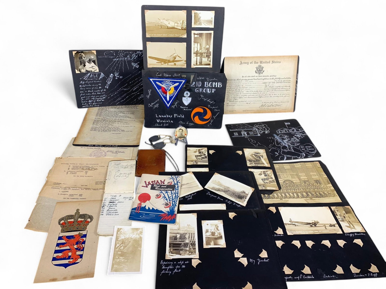 WWII Era Military Album w/Patch, Photos of Planes, Ephemera: Burns in-house (bidder arranged option on checkout) shipping available. Pickup is Thursday, June 26 from from 11 am to 7 pm at our gallery in Lancaster, OH 43130 or we will provide in-house shipping f