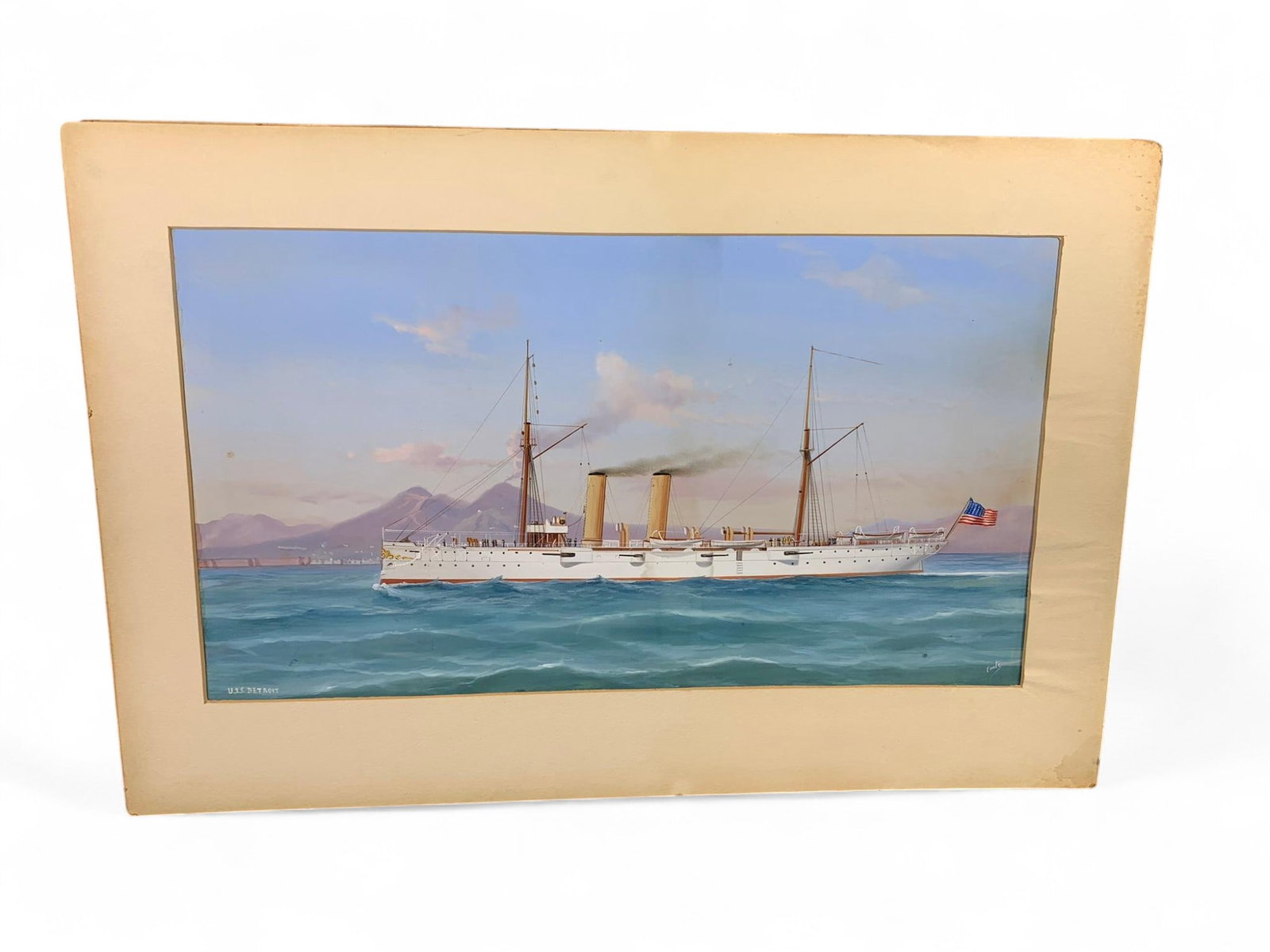 Spanish American War Era Painting on Paper Steamer Ship: W 23.5 x H 16 inches. Burns in-house (bidder arranged option on checkout) shipping available. Pickup is Thursday, June 26 from from 11 am to 7 pm at our gallery in Lancaster, OH 43130 or we will provi