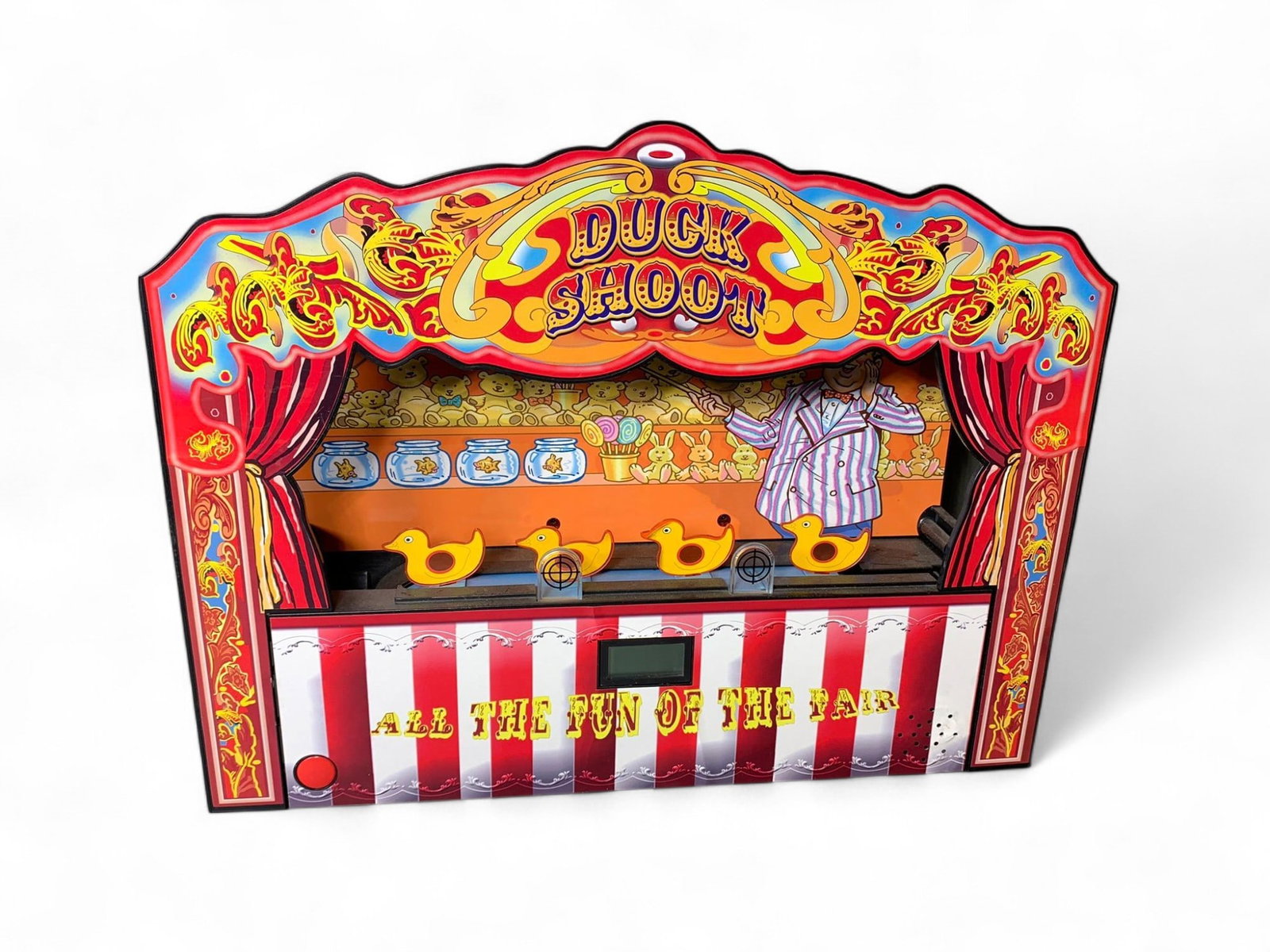 Vintage Paladone Battery Operated Duck Shoot Game: No box or gun. Burns in-house (bidder arranged option on checkout) shipping available. Pickup is Thursday, June 26 from from 11 am to 7 pm at our gallery in Lancaster, OH 43130 or we will provide in-h