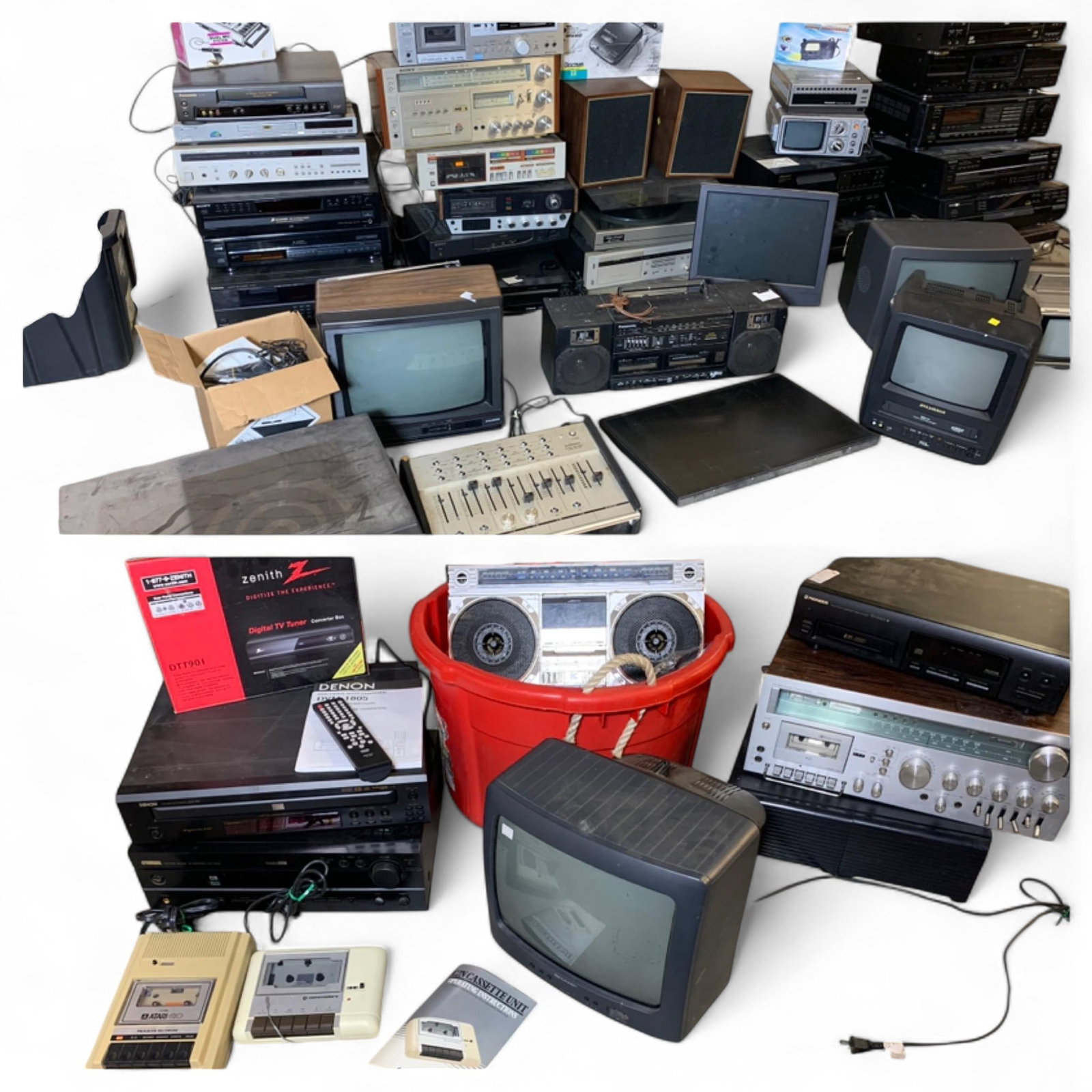 Large Group Lot of Vintage Stereo Components, Turntables, Televisions, Sound Mixer, More: Cassette Players, Digital TV Receiver, Cassette Tapes, More. Burns in-house (bidder arranged option on checkout) shipping available. Pickup is Thursday, June 26 from from 11 am to 7 pm at our gallery