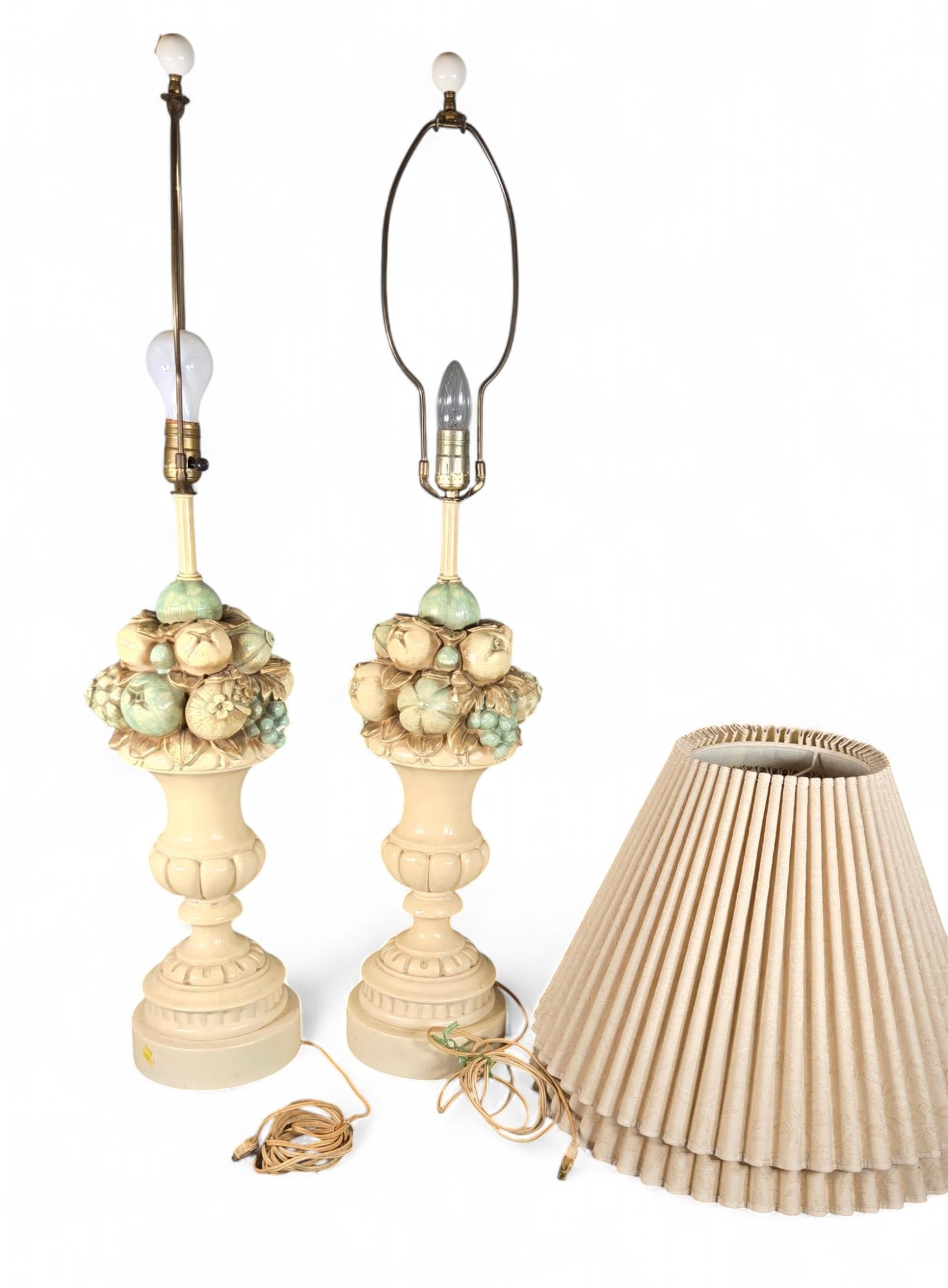 Pair of Large Vintage Lamps Fruit with Shades: 38" total height. Burns in-house (bidder arranged option on checkout) shipping available. Pickup is Thursday, June 26 from from 11 am to 7 pm at our gallery in Lancaster, OH 43130 or we will provide i