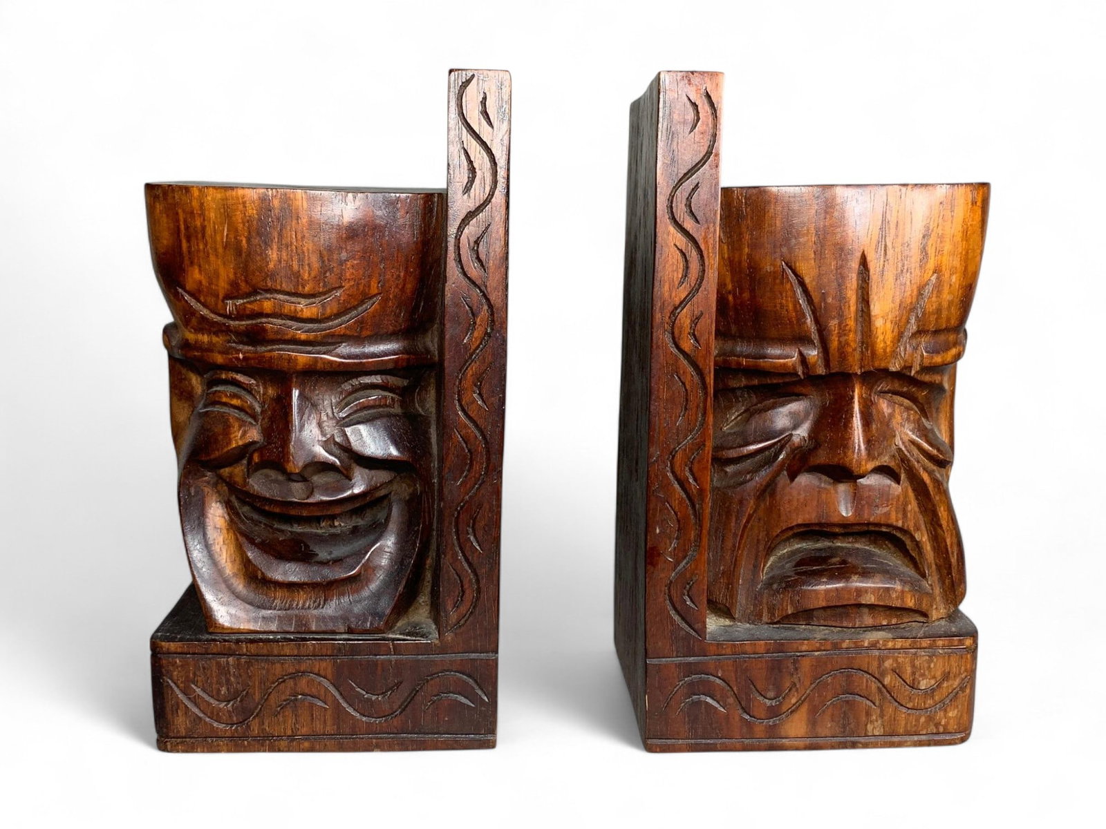 Pair of Unusual Tikki Comedy & Tragedy Face Bookends: Burns in-house shipping is available. pick up is Tuesday, July 28, from Noon to 7 pm at our gallery in Lancaster, Ohio 43130 or we will provide in-house shipping for this item. We will charge a $5 fee