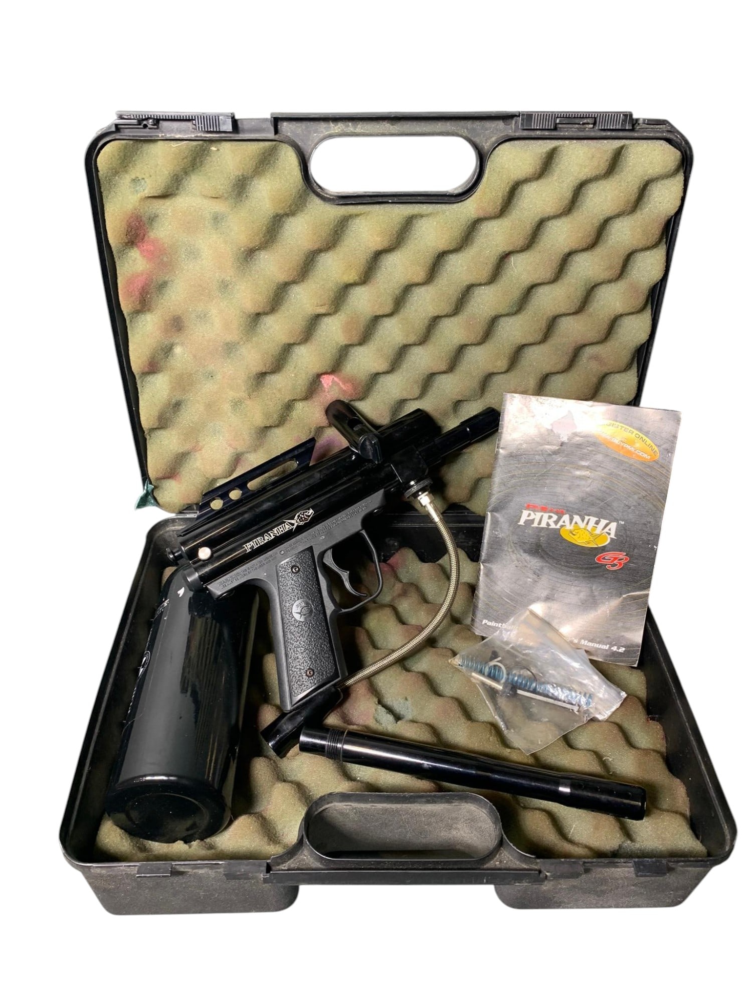 Piranha Air Gun Pistol in Case: Burns in-house shipping is available. pick up is Tuesday, July 28, from Noon to 7 pm at our gallery in Lancaster, Ohio 43130 or we will provide in-house shipping for this item. We will charge a $5 fee