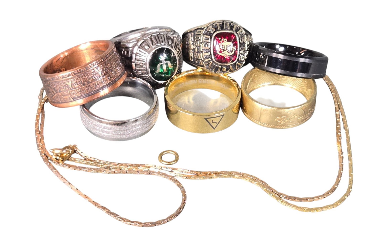 Group Lot of Men's Rings Inc. Class, Masonic, Wedding + Necklace: Burns in-house shipping is available. pick up is Tuesday, July 28, from Noon to 7 pm at our gallery in Lancaster, Ohio 43130 or we will provide in-house shipping for this item. We will charge a $5 fee