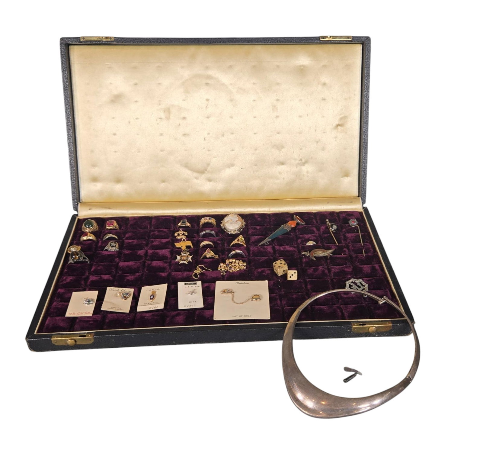 Large Lot Antique 14k 10k Gold & Silver Jewelry & More: The group at the left is 10k, the items clustered in the middle are 14k. The Items at right are not gold, and the pieces along the bottom on the paper are a mix. The Scottish Dirk pieces is very cool.