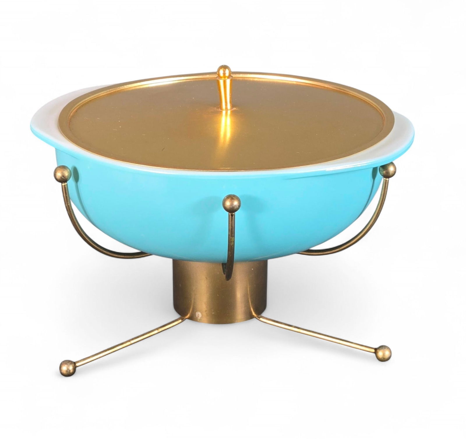 ***HOLY GRAIL ALERT*** Pyrex UFO Bowl and Stand Super Deluxe: No chips or cracks. Burns in-house shipping is available. pick up is Tuesday, July 28, from Noon to 7 pm at our gallery in Lancaster, Ohio 43130 or we will provide in-house shipping for this item. We