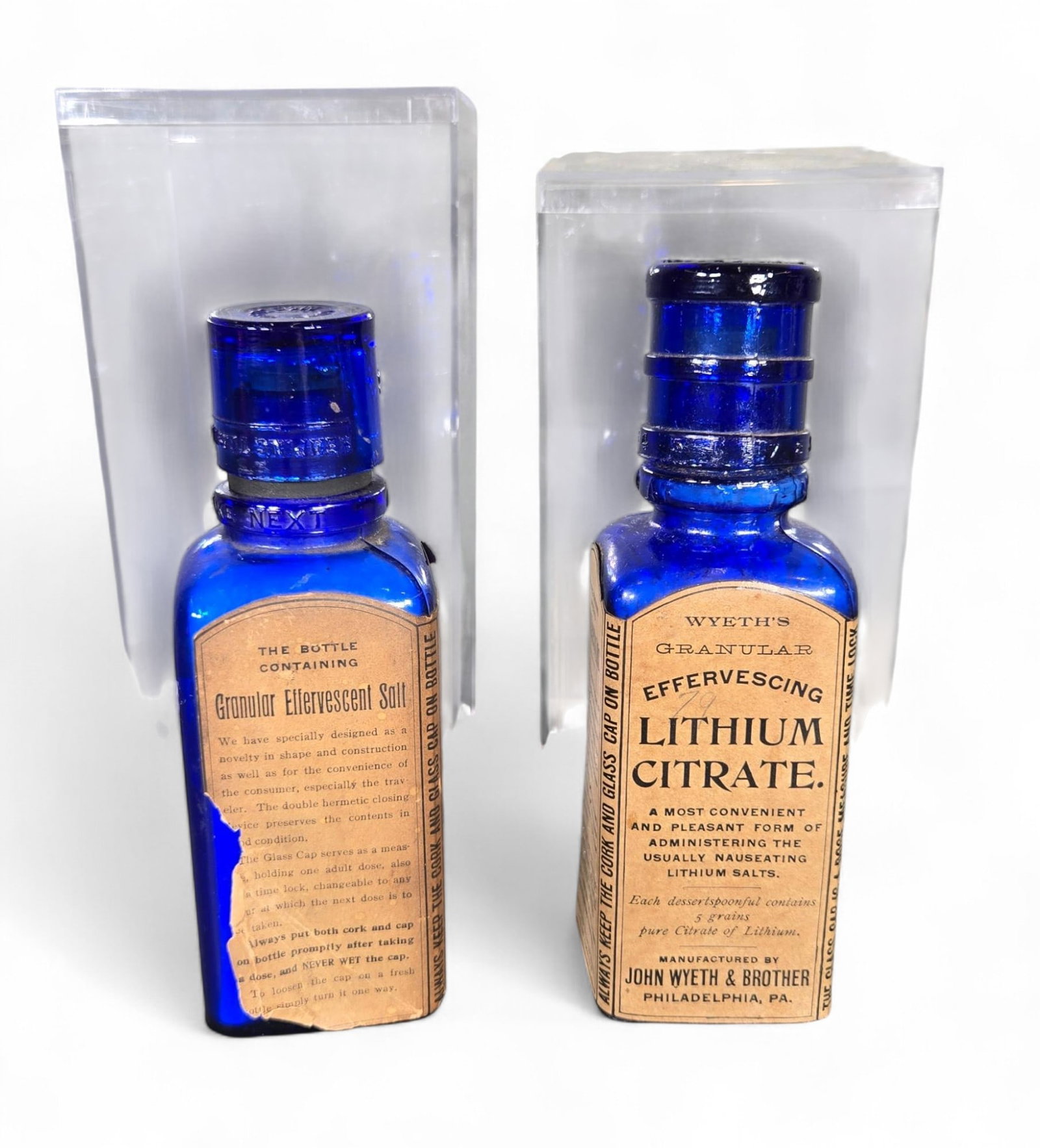 Two Vintage Cobalt Blue Medicine Bottles with Labels: Burns in-house shipping is available. pick up is Tuesday, July 28, from Noon to 7 pm at our gallery in Lancaster, Ohio 43130 or we will provide in-house shipping for this item. We will charge a $5 fee