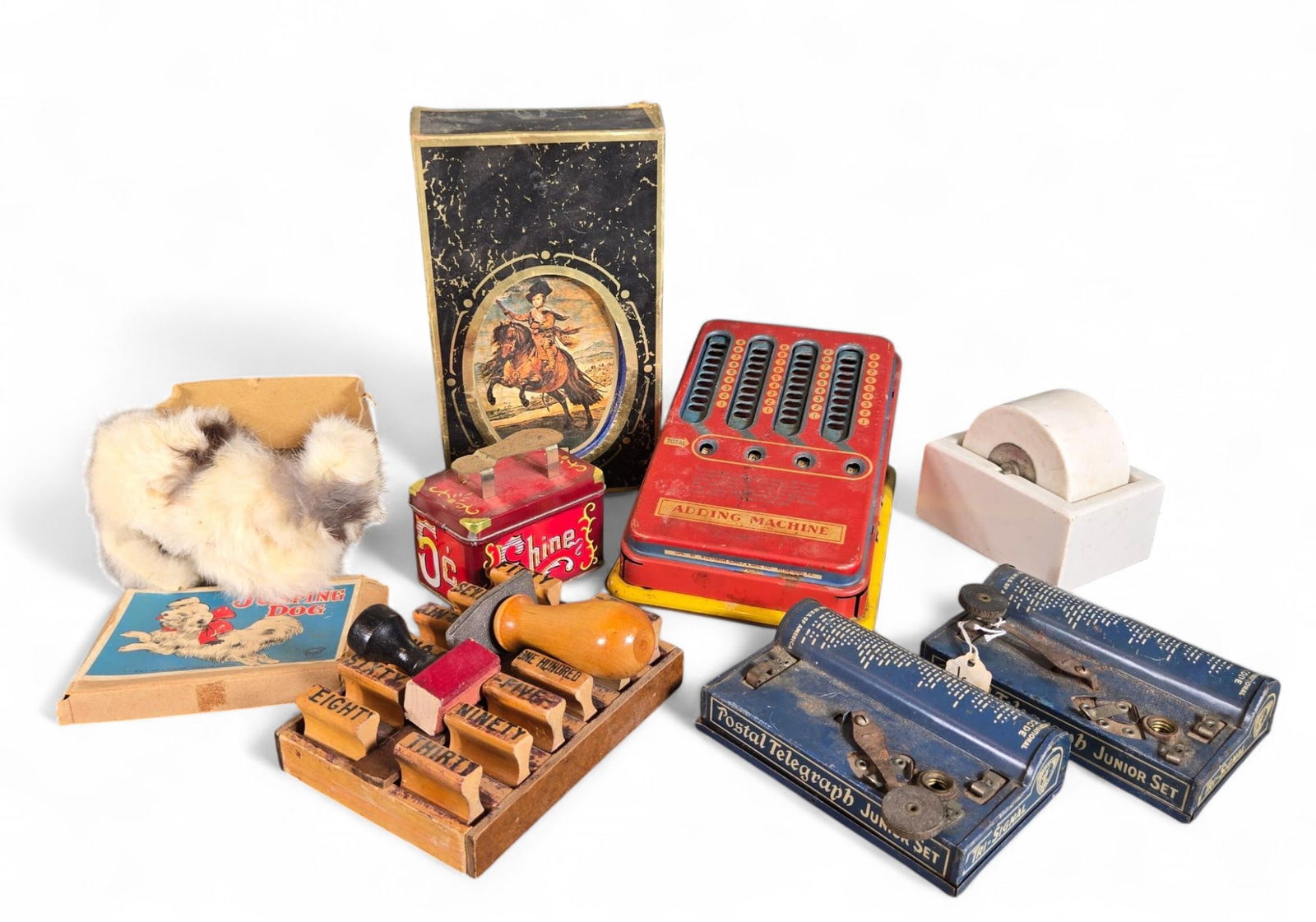 Vintage Toys Adding Machine, Toy Postal Telegraph Units, Porcelain Envelope Moistener & More: Toy Jumping Dog, Tin Shoeshine Box and More. Burns in-house shipping is available. pick up is Tuesday, July 28, from Noon to 7 pm at our gallery in Lancaster, Ohio 43130 or we will provide in-house sh