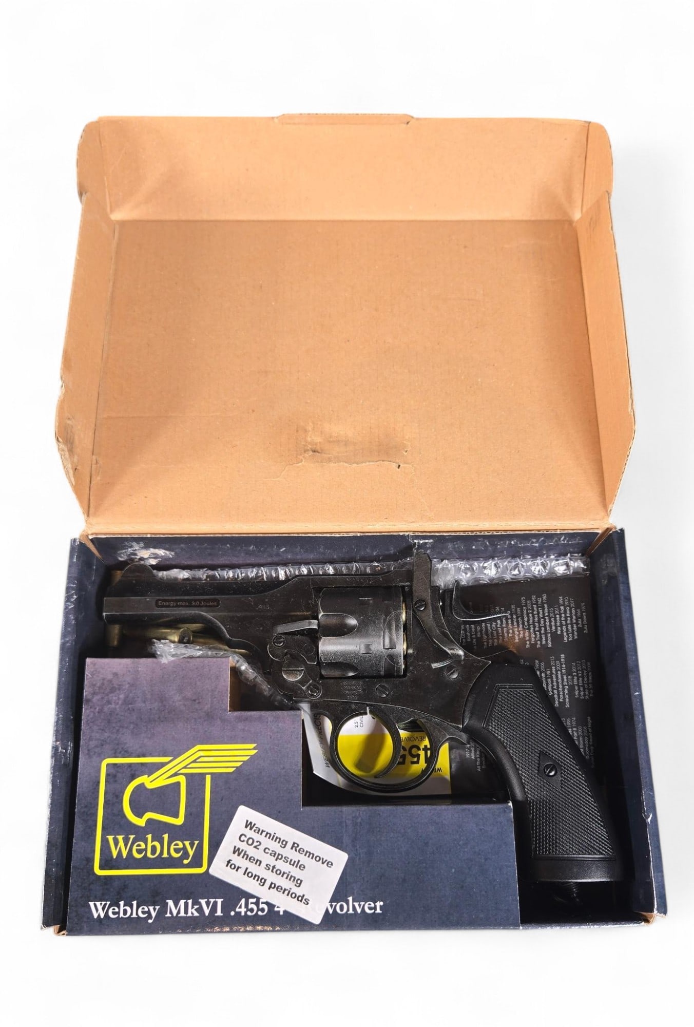 English Webley WWI Style Air Pistol in Box: Burns in-house shipping is available. pick up is Tuesday, July 28, from Noon to 7 pm at our gallery in Lancaster, Ohio 43130 or we will provide in-house shipping for this item. We will charge a $5 fee