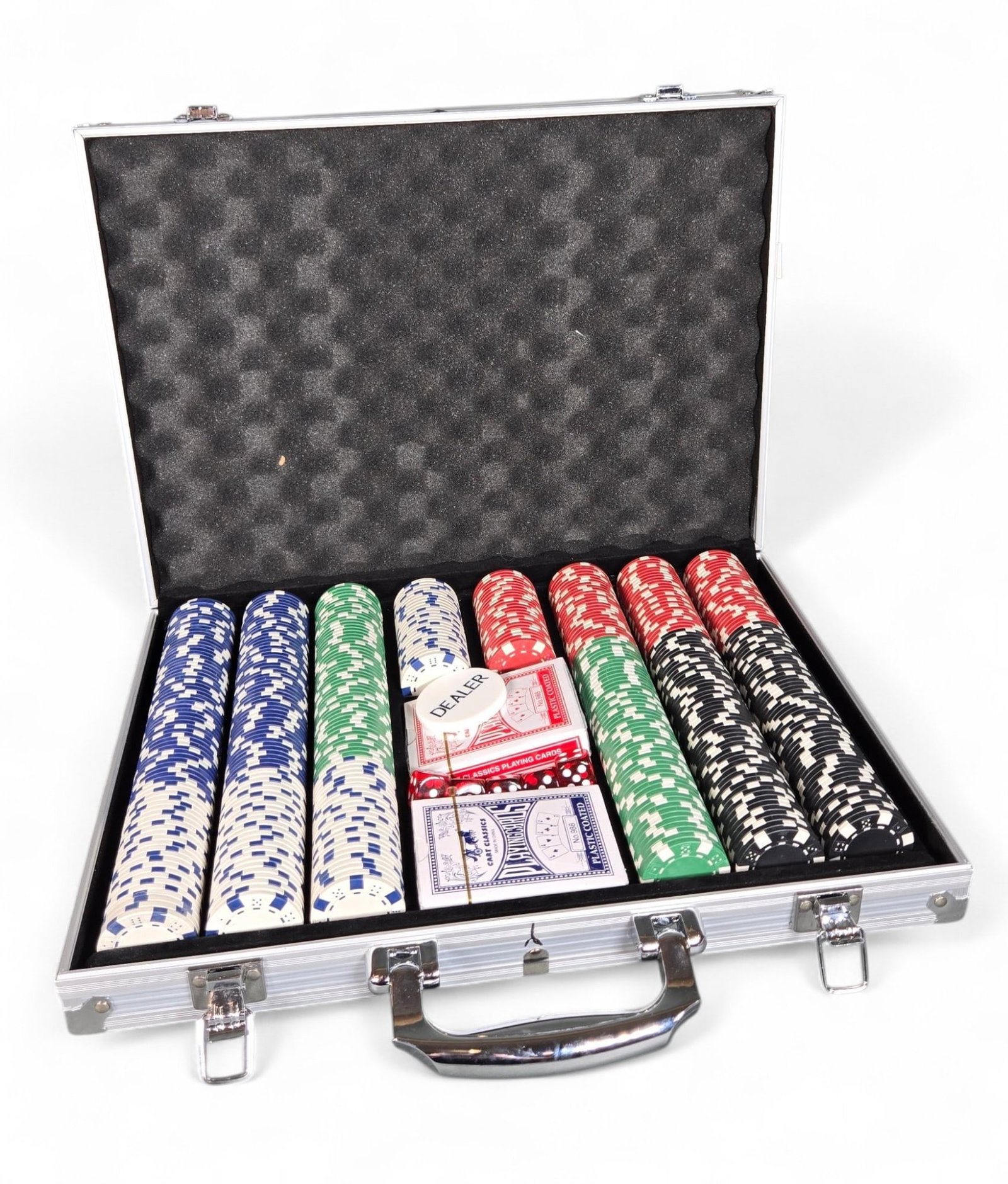 Like New Poker Chip Set with Sealed Playing Cards in Nice Case: Burns in-house shipping is available. pick up is Tuesday, July 28, from Noon to 7 pm at our gallery in Lancaster, Ohio 43130 or we will provide in-house shipping for this item. We will charge a $5 fee