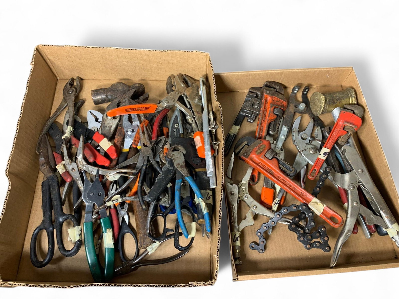 Two Box Lot Group of Various Hand Tools, Pliers, Vice Grips and More: Burns in-house shipping is available. pick up is Tuesday, July 28, from Noon to 7 pm at our gallery in Lancaster, Ohio 43130 or we will provide in-house shipping for this item. We will charge a $5 fee
