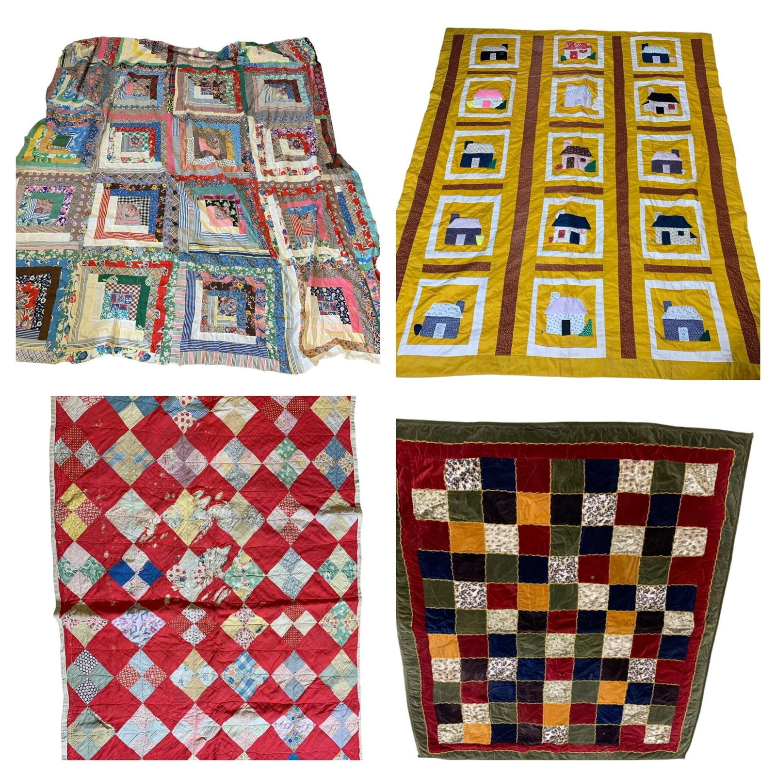 Three Vintage Quilts and a Quilt Topper: Quilt Topper is 69" x 79" has a hole and some stains. Quilt 35" x 49"L has a few holes and stains. Quilt 35" x 79"has a few holes and stains. Quilt 48" x 57" is newer with tag, and Quilt 64" x 71" loo