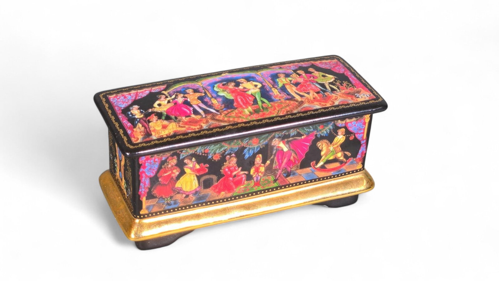 Hand-Painted Russian Style Ceramic Box, Folk Art Dancing Figures, Black and Gold: This intricately designed decorative box features vibrant, hand-painted scenes on a black ceramic surface. The artwork depicts various dancing figures in traditional or festive attire, showcasing a ri