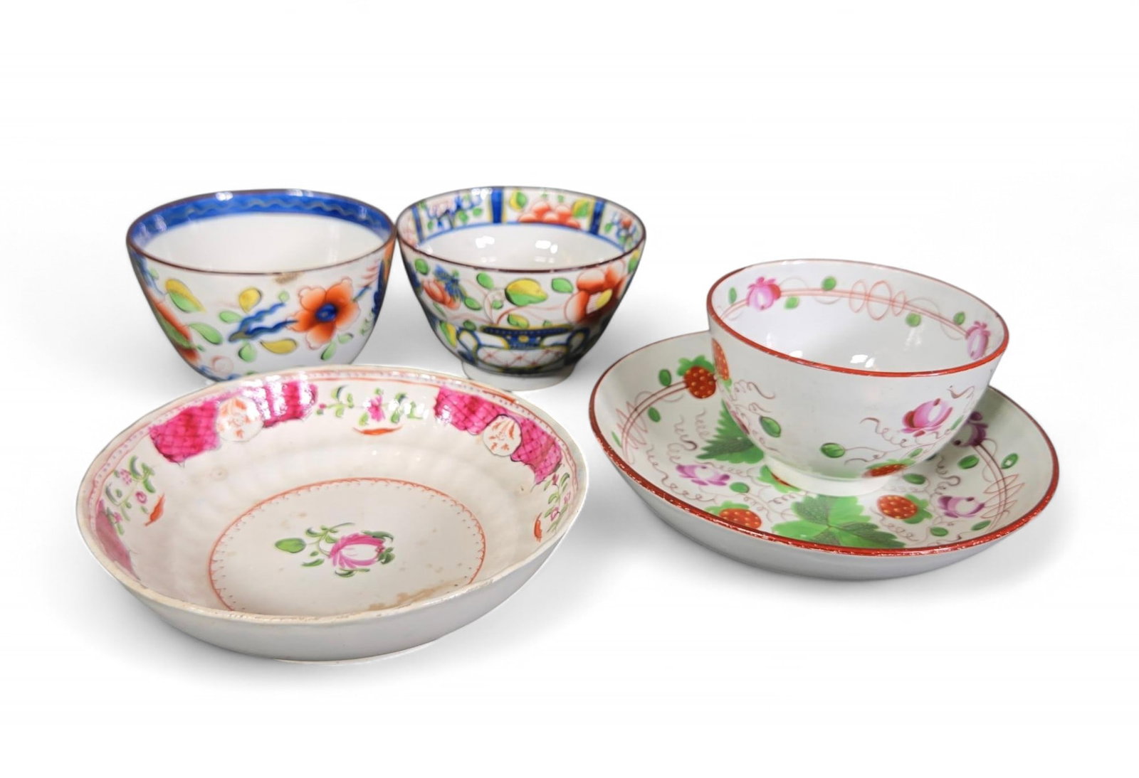 Assorted Antique Hand-Painted Ceramic Bowls and Cup with Saucer - Floral and Strawberry Designs, ...: This collection features exquisitely hand-painted ceramic ware, showcasing a variety of intricate designs. The pieces include several small bowls and a charming cup paired with a matching saucer. Patt